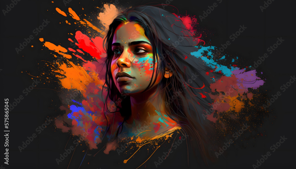 Obraz premium Colorful Holi Celebration with Indian Girl