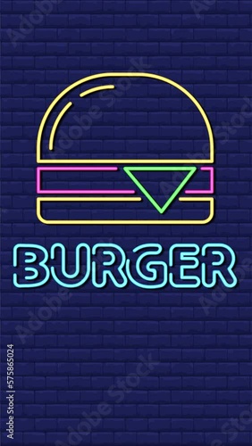 Flashing Neon Burger Animation Sign on a Blue Brick Background