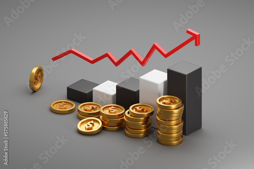 Graph with columns of golden coins and an arrow on a blue background. 3d rendering.