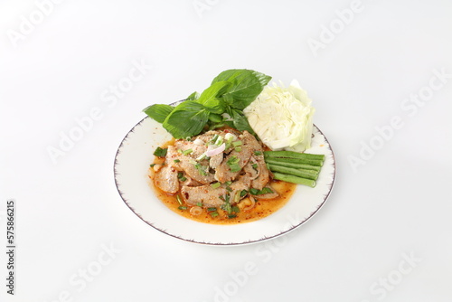 spicy roasted  pork salad eat with somtam , Isaan foods, local north-eastern Thailand foods.