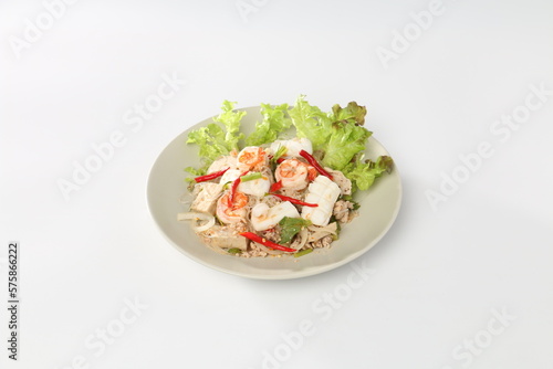 Thai Spicy Seafood Salad with vermicelli or, yam wun sen, in Thai .