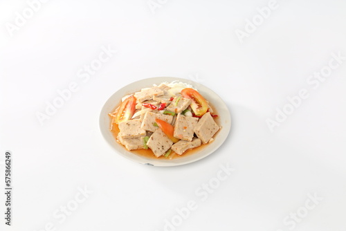 Spicy Salad Vietnamese pork sausage or Thai northern pork sausage in a white dish, Thai food.