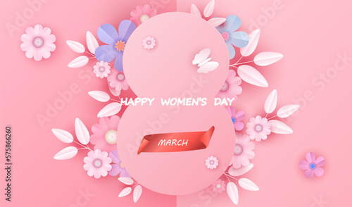 Happy women s day 8 march vector background with paper cut flowers. International female pink illustration with paper floral design. Spring graphic.