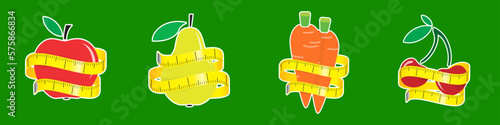 Healthy food. Green Diet concept. Measuring tape around fresh food. Vector illustration