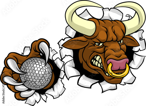 A bull or Minotaur monster longhorn cow angry mean golf mascot cartoon character.