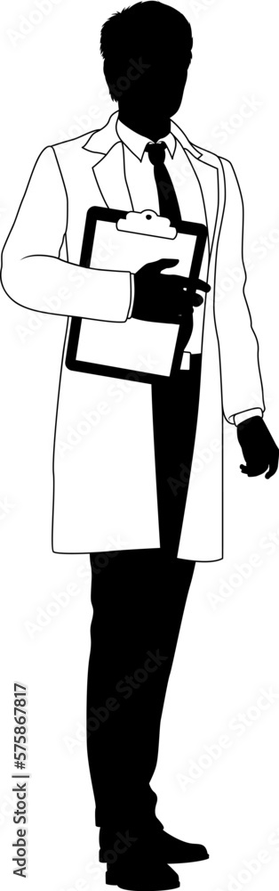 Silhouette person scientist, engineer or professor man in a lab coat. Holding clipboard checklist. Possibly performing experiment or surveying. Alternatively a chemist, science teacher or pharmacist. Silhouette person scientist, engineer or professor man in a lab coat. Holding clipboard checklist. Possibly performing experiment or surveying. Alternatively a chemist, science teacher or pharmacist.