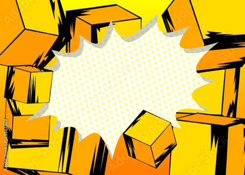 Blank comic book speech bubble background with cube shapes. Yellow comics cartoon template.