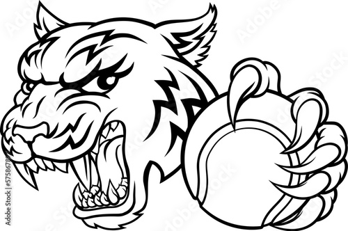 A tiger tennis player cartoon animal sports mascot holding a ball in its claw