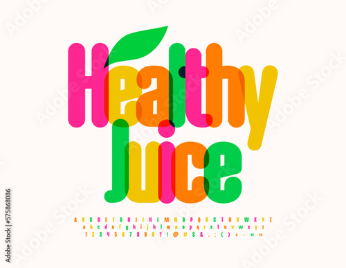 Vector Watercolor Emblem Healthy Juice. Transparent Creative Font. Modern Colorful Alphabet Letters and Numbers.