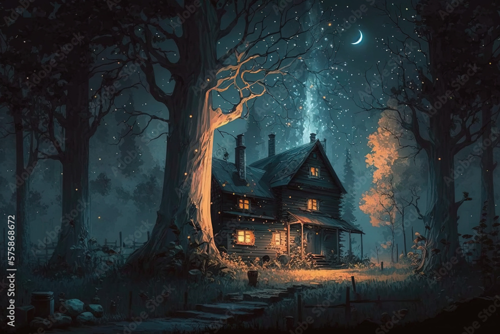 Beautiful digital art painting forest, house