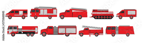 Firefighting Engine with Red Emergency Transport Service Vector Set