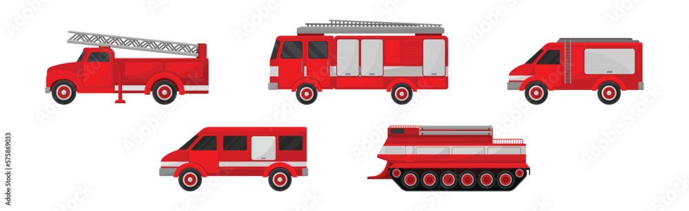 Firefighting Engine with Red Emergency Transport Service Vector Set