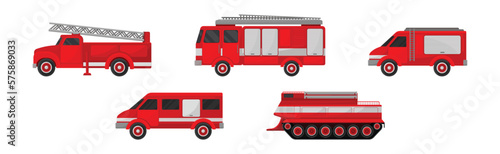 Firefighting Engine with Red Emergency Transport Service Vector Set