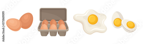 Raw, Boiled and Scrambled Egg with Yolk and Shell Vector Set