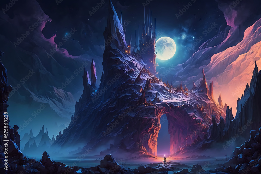 a mountain at night, detailed matte fantasy painting, epic fantasy digital art style, epic