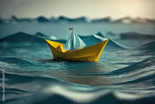Obraz na płótnie A toy paper boat sits atop a calm sea, its 3D concept illustration bringing to life the imagination of a tiny nautical vessel