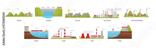 Natural Resources with Wind, Hydro, Solar and Nuclear Power Plant Vector Set