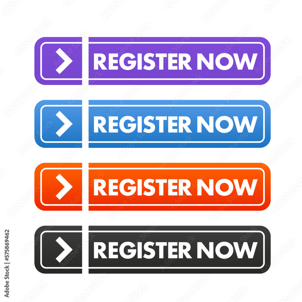 Register now buttons. Set collection of Register now button elements for ui ux web design template. Install symbol, simple design, for website or mobile app. Vector illustration Register now buttons. Set collection of Register now button elements for ui ux web design template. Install symbol, simple design, for website or mobile app. Vector illustration