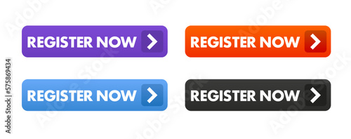 Register now buttons. Set collection of Register now button elements for ui ux web design template. Install symbol, simple design, for website or mobile app. Vector illustration
