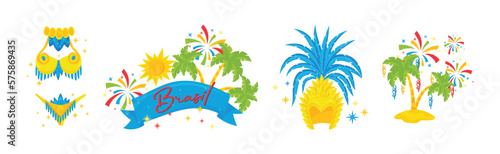 Brazilian Carnival Bright Symbols and Elements with Palm and Feathered Dress Vector Set