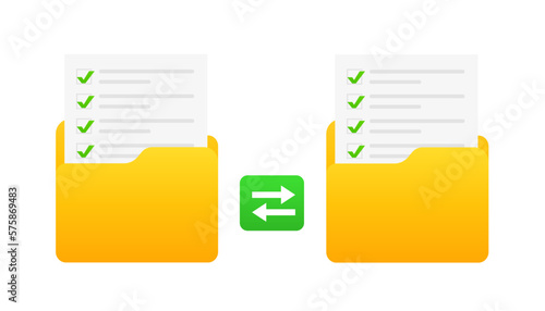 Transfer of documentation. Folders with paper files.. Can be used for website, app, logo, UI design. Folder with downloadable files, documents, contract. Vector illustration