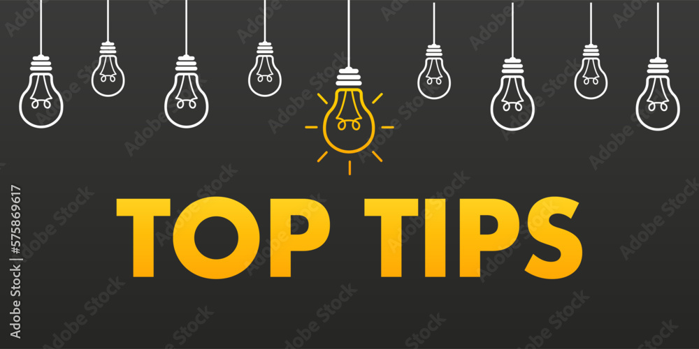Top tips geometric message bubble with light bulb emblem. Banner design for business and advertising. Quick tips, tooltip, advice and idea for business and advertising. Vector illustration - obrazy, fototapety, plakaty 
