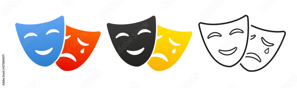 Funny and sad theatrical masks. Comedy and Tragedy theatrical mask. Happy and unhappy traditional symbol of theater. Vector illustration Funny and sad theatrical masks. Comedy and Tragedy theatrical mask. Happy and unhappy traditional symbol of theater. Vector illustration