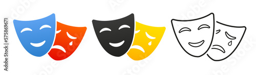 Funny and sad theatrical masks. Comedy and Tragedy theatrical mask. Happy and unhappy traditional symbol of theater. Vector illustration