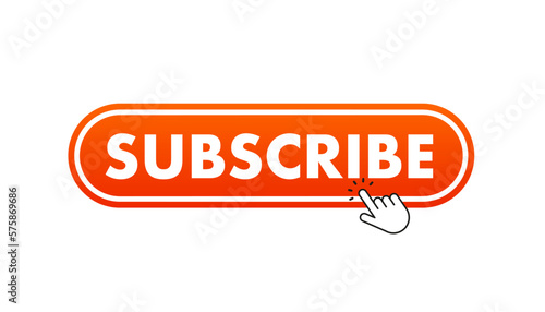 Hand cursor clicking on red subscribe button. Subscribe button. Hand pointer icon. Subscription service. Social media concept. Streaming video. Play button vector icon. Vector illustration