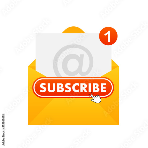 Notification concept of new message. Hand cursor clicking on red subscribe button. Subscribe button. Social media concept. Streaming video. Play button vector icon. Vector illustration