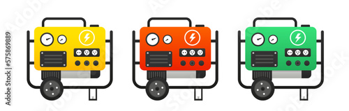 Set Portable electric power generator. Electric charger diesel portable flat generator icon. Electrical energy, from a gener. Emergency equipment. Vector illustration