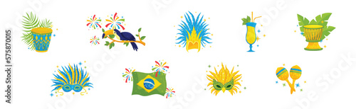 Brazilian Carnival Bright Symbols and Elements with Mask, Drum, Flag and Maraca Vector Set