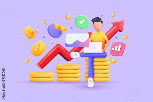 3D illustration of young man sitting on coins. Financial investment trade. Creative concept of market movement. Bank deposit, profit finance Manage money through your applications. Vector 3d