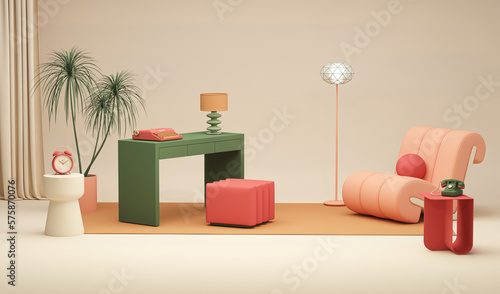 Memphis style conceptual interior room. Colorfull living room interior two green armchairs, red shelf with art decoration, clock, lamp, carpet on coral pink and beige concrete floor. 3D rendering. 
