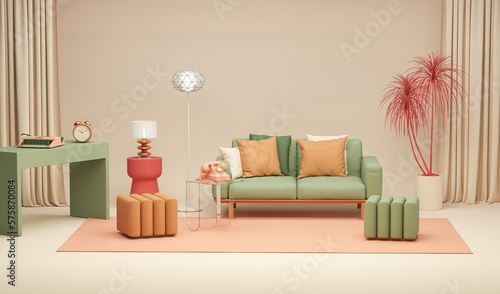 Memphis style conceptual interior room. Colorfull living room interior two green armchairs, red shelf with art decoration, clock, lamp, carpet on coral pink and beige concrete floor. 3D rendering. 
