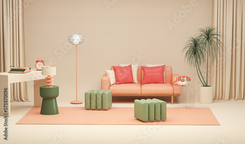 Memphis style conceptual interior room. Colorfull living room interior two green armchairs  red shelf with art decoration  clock  lamp  carpet on coral pink and beige concrete floor. 3D rendering.  