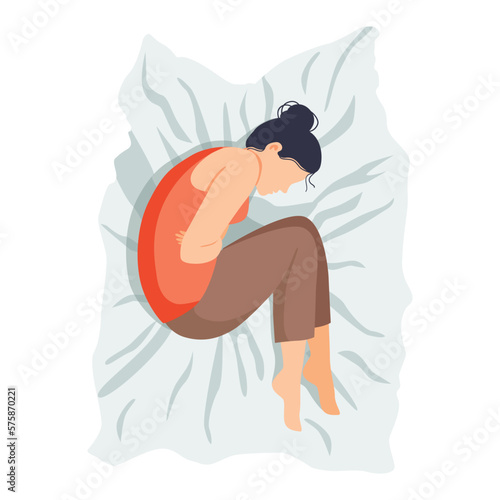 Isolated on white girl suffering from abdominal pain, vector illustration. Painful periods, colic in the abdomen, inflammation of the appendages, uterus, ovaries.