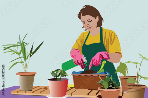 Female gardener with gloves and plants indoors. A young woman is spraying houseplants indoors on spring time
