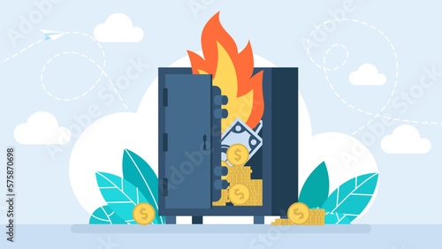 Money burn. Burning money. Bankrupt illustration. The concept of bankruptcy, inflation, and devaluation of money. Loss of financial deposit. A safe with money and fire. Vector flat illustration