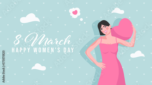 International Women's Day sale banner. Greeting card with happy smiling woman. Promotional banner,flat vector illustration.