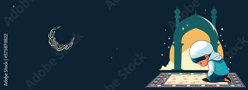 Arabic Calligraphy of Ramadan Mubarak In Crescent Moon Shape And Muslim Boy Character Offering Namaz (Prayer) On Mat In Front of Mosque Over Blue Background.
