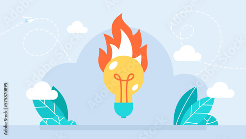 Hot idea. Concept of new idea, creative thinking, brainstorming, interesting problem solving, business idea, startup. Abstract yellow light bulb with red fire icon. Flat vector illustration
