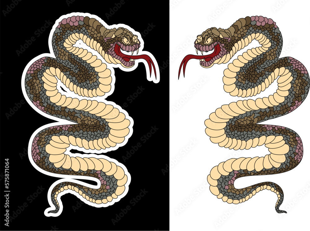 colorful Snakes and flowers. Tattoo design. Hand drawn snake vector illustration.Traditional Japanese culture for printing and coloring book on background. colorful Snakes and flowers. Tattoo design. Hand drawn snake vector illustration.Traditional Japanese culture for printing and coloring book on background.
