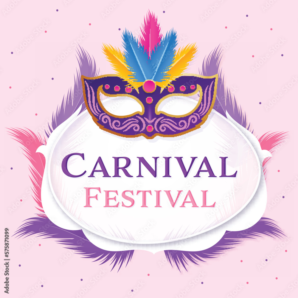 Carnival Festival Poster Design With Beautiful Party Mask, Feathers Decorated On Pink Background.