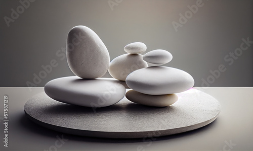 White zen balance stones on marble table. Generative AI.