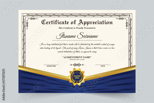 Certificate of appreciation and achievement vector design with blue and golden colors. Official certificate decoration with a golden badge in vintage style. Sports award credential element design.