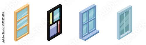 Rectangular Glass Windows in Frame Isometric Vector Set