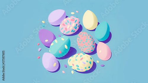 Colorful Paper Easter Eggs On Blue Background And Copy Space. Happy Easter Day Concept.