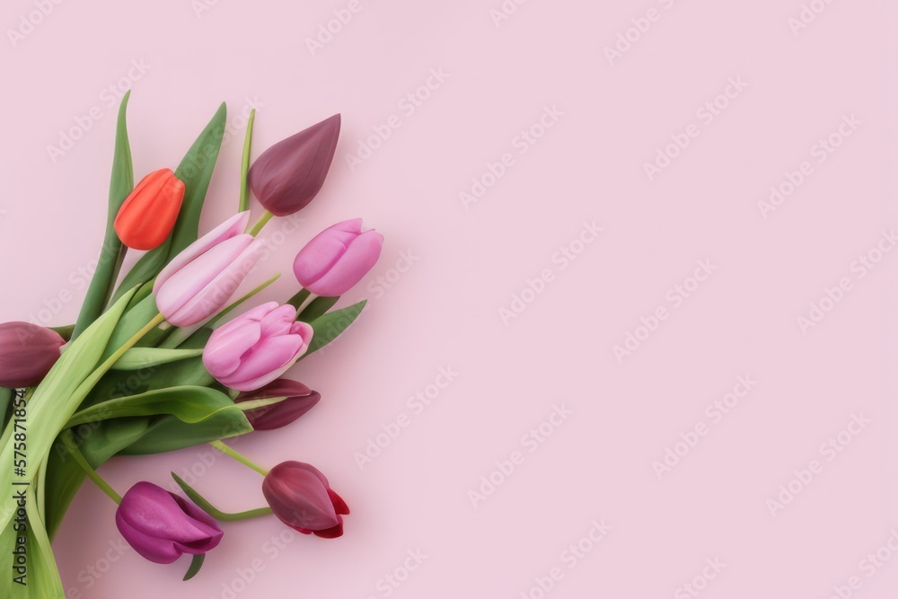 bouquet of pink tulips on pink background created with generative AI
