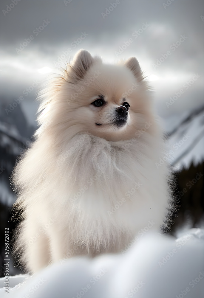 Cute baby puppy Pomeranian dog on the top snowy mountain, winter season, Generative Ai